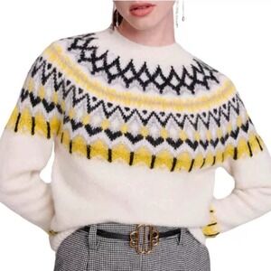 Maje sweater S Mamonix Fair Isle metallic knit jacquard Ecru yellow alpaca blend